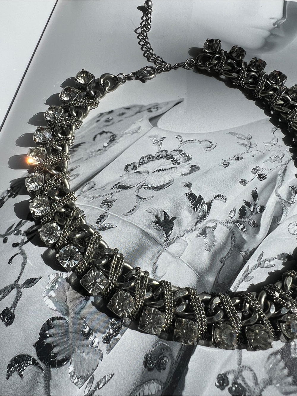 Silver Curb Chain with Giant Stones Statement Choker Necklace